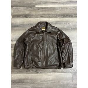 Vintage Excelled Brown Leather Bomber Jacket Retro Preppy Y2K Winter - Men’s XL